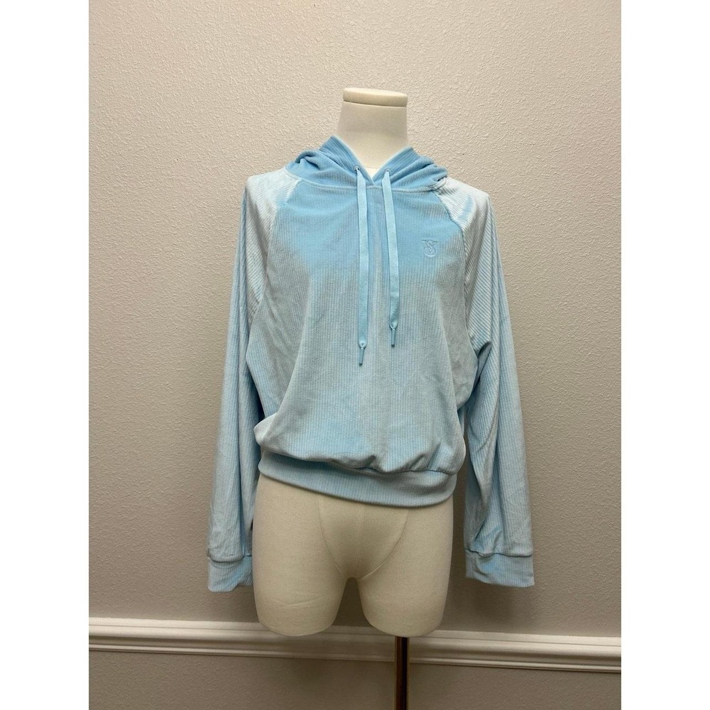 NWT Victoria's Secret Ribbed Velour Pullover Hoodie Light Blue Size S